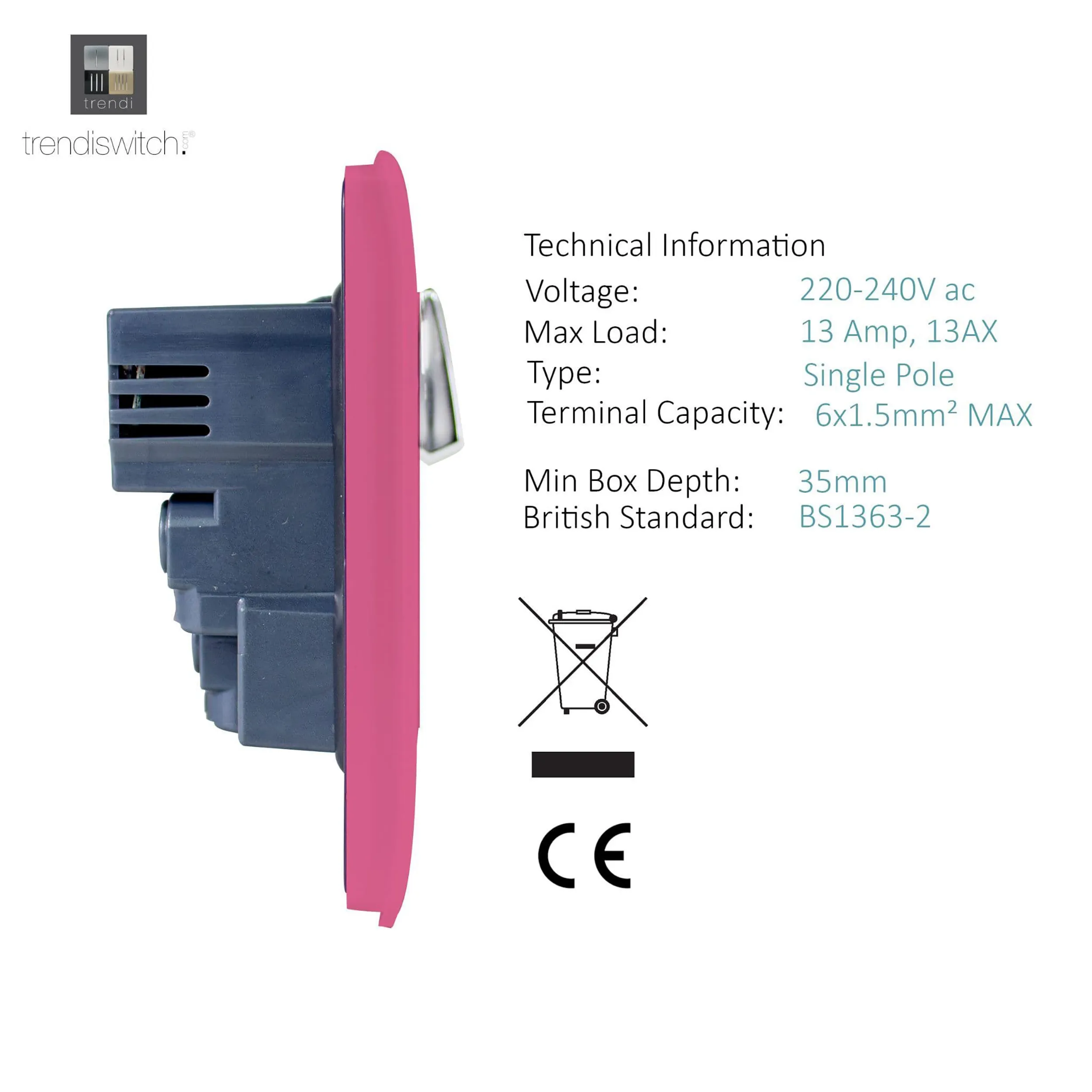 2 Gang 13Amp Switched Double Socket With 4X 2.1Mah USB Pink ART-SKT213USBPK  Trendi Pink